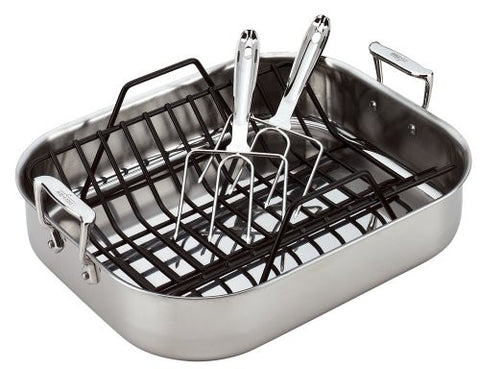 All-Clad 501631 Stainless Steel Large Roti Combo with Rack and Turkey Lifters Cookware- Silver